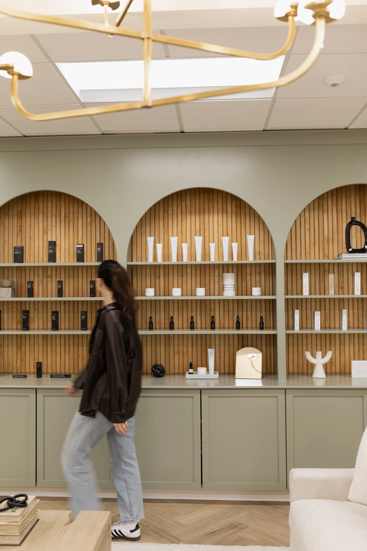 a woman walking in a store